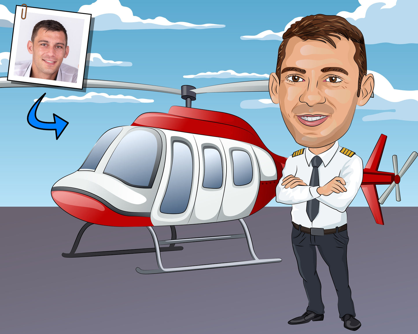 Helicopter Pilot Gift - Custom Caricature Portrait From Your Photo
