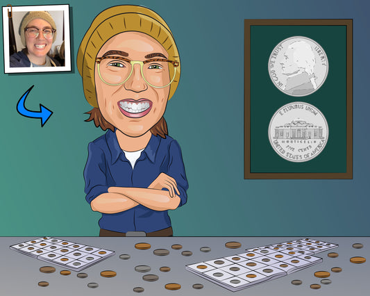 Coin Collector Gift - Custom Caricature Portrait From Your Photo/numismatist gift
