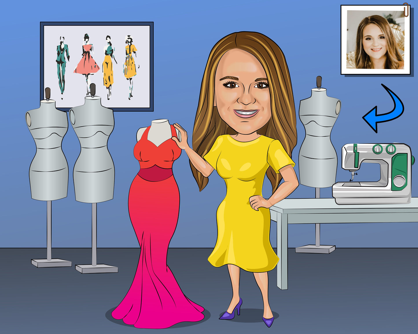 Fashion Student Gift - Custom Caricature From Photo, dress maker gift, seamstress gift
