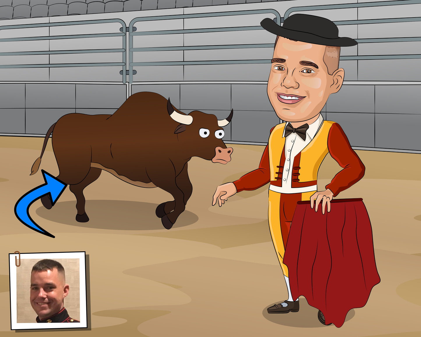 Bull Fighter Gift - Custom Caricature From Photo, Bull Fighting, matador gift, matador art