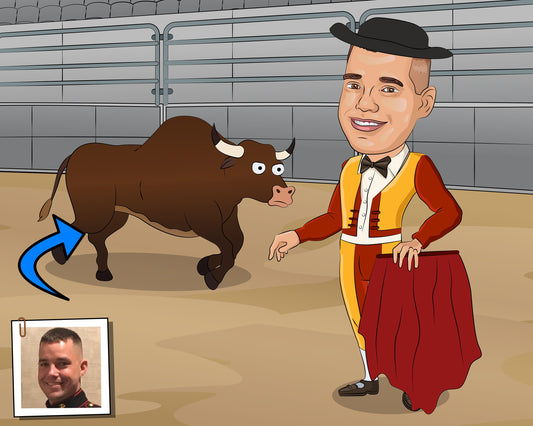 Bull Fighter Gift - Custom Caricature From Photo, Bull Fighting, matador gift, matador art