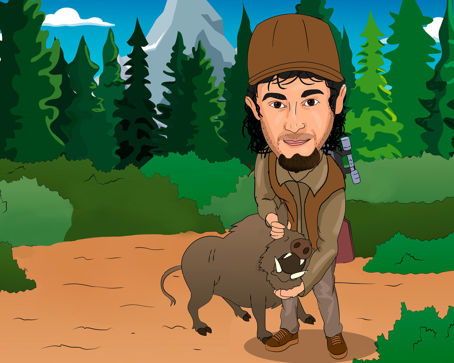 Boar Hunter Gift - Custom Caricature Portrait From Your Photo/Boar Hunting