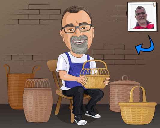Basket Weaver Gift - Custom Caricature From Photo, basket maker, basket collector