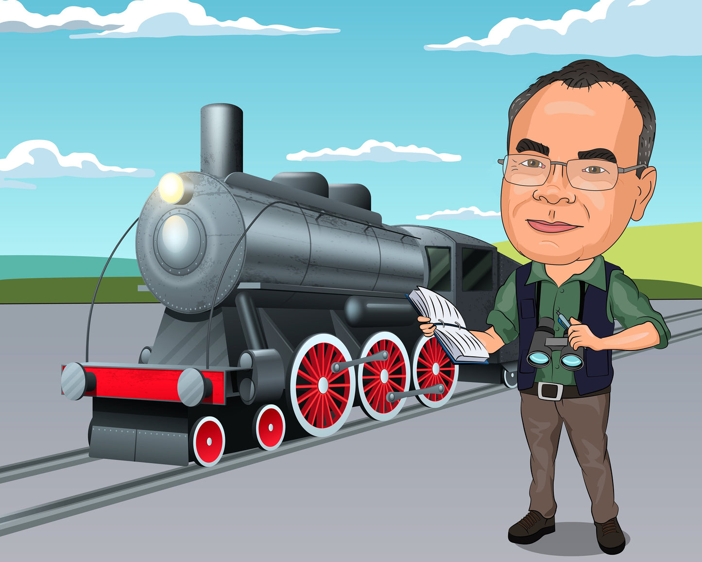 Train Spotter Gift - Custom Caricature Portrait From Your Photo, Train Spotting, Trainspotting