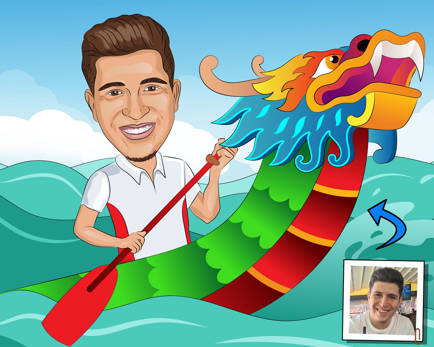 Dragon Boat Racing Gift - Custom Caricature Portrait From Your Photo, Dragon Boat Gift