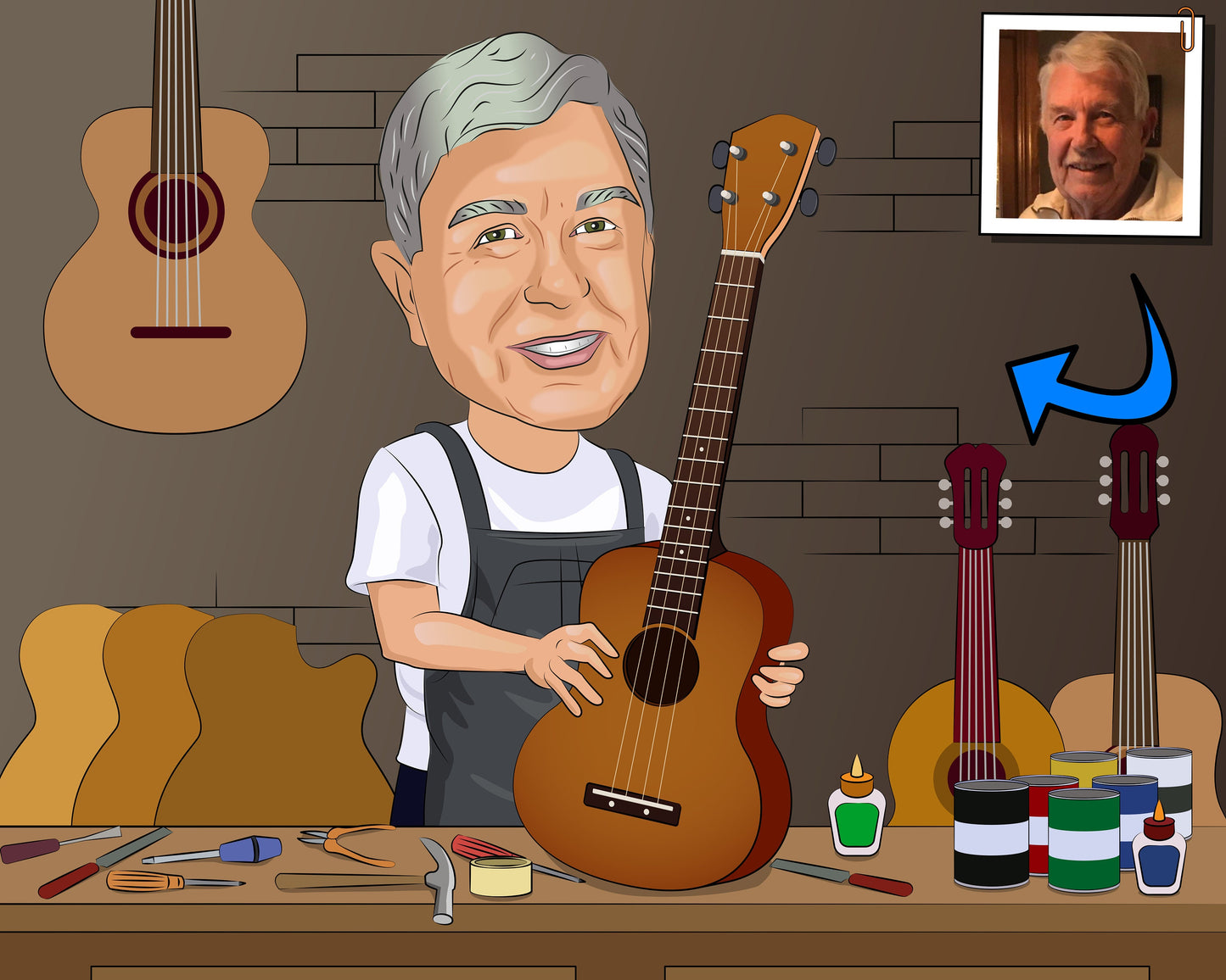 Luthier Gift - Custom Caricature Portrait From Your Photo, Guitar Maker Gift
