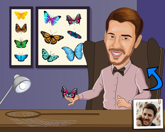 Butterfly Collector Gift - Custom Caricature From Photo, lepidopterist gift, lepidoptery
