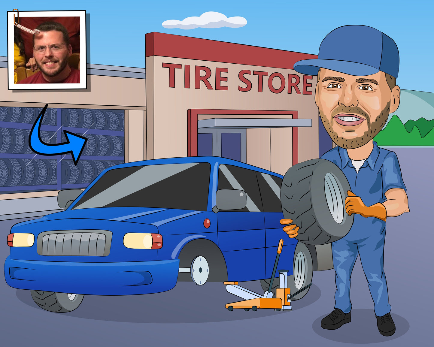 Tire Technician Gift - Custom Caricature From Photo, Tire Shop Art