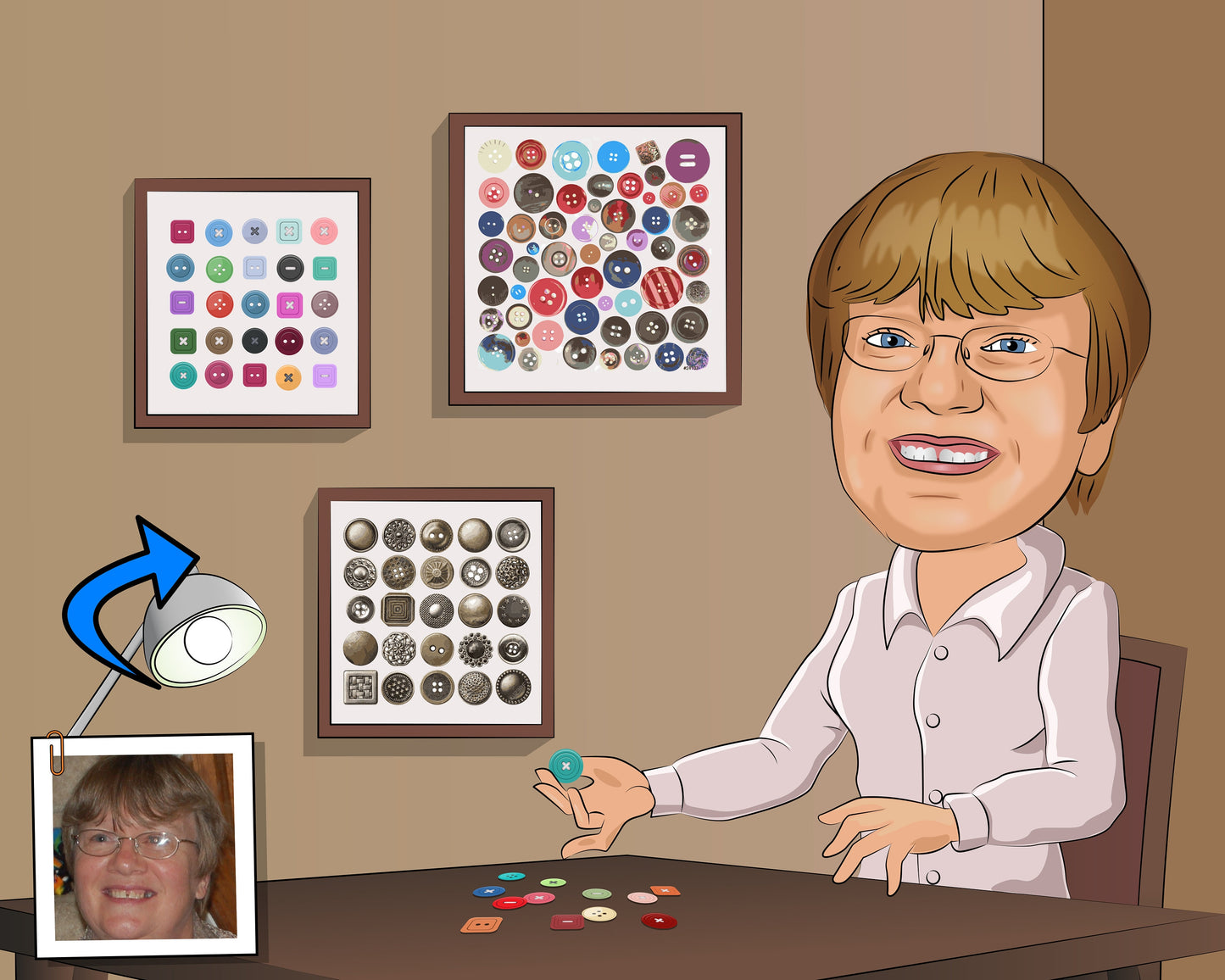 Button Collector Gift - custom caricature portrait, button lover gift, button collection